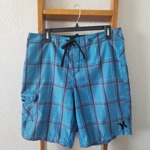 Hurley Blue and Orange Plaid Board Shorts 33